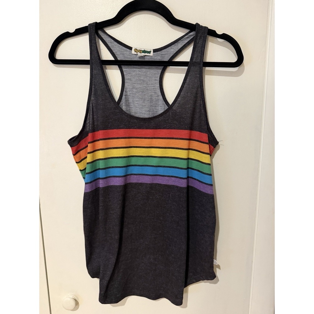 Tipsy Elves Rainbow Striped Racerback Sleeveless Tank Top Gray Multicolor M